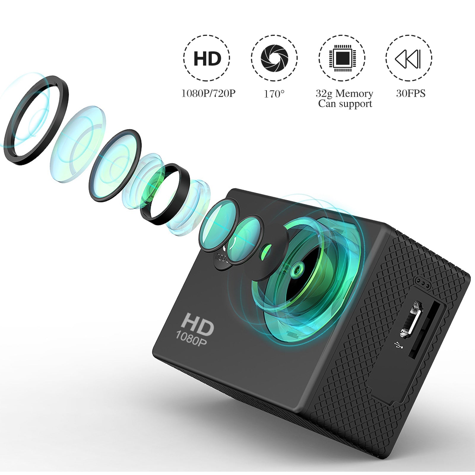 Action Camera 2X Zoom 170 Degree Wide Angle 98FT Waterproof