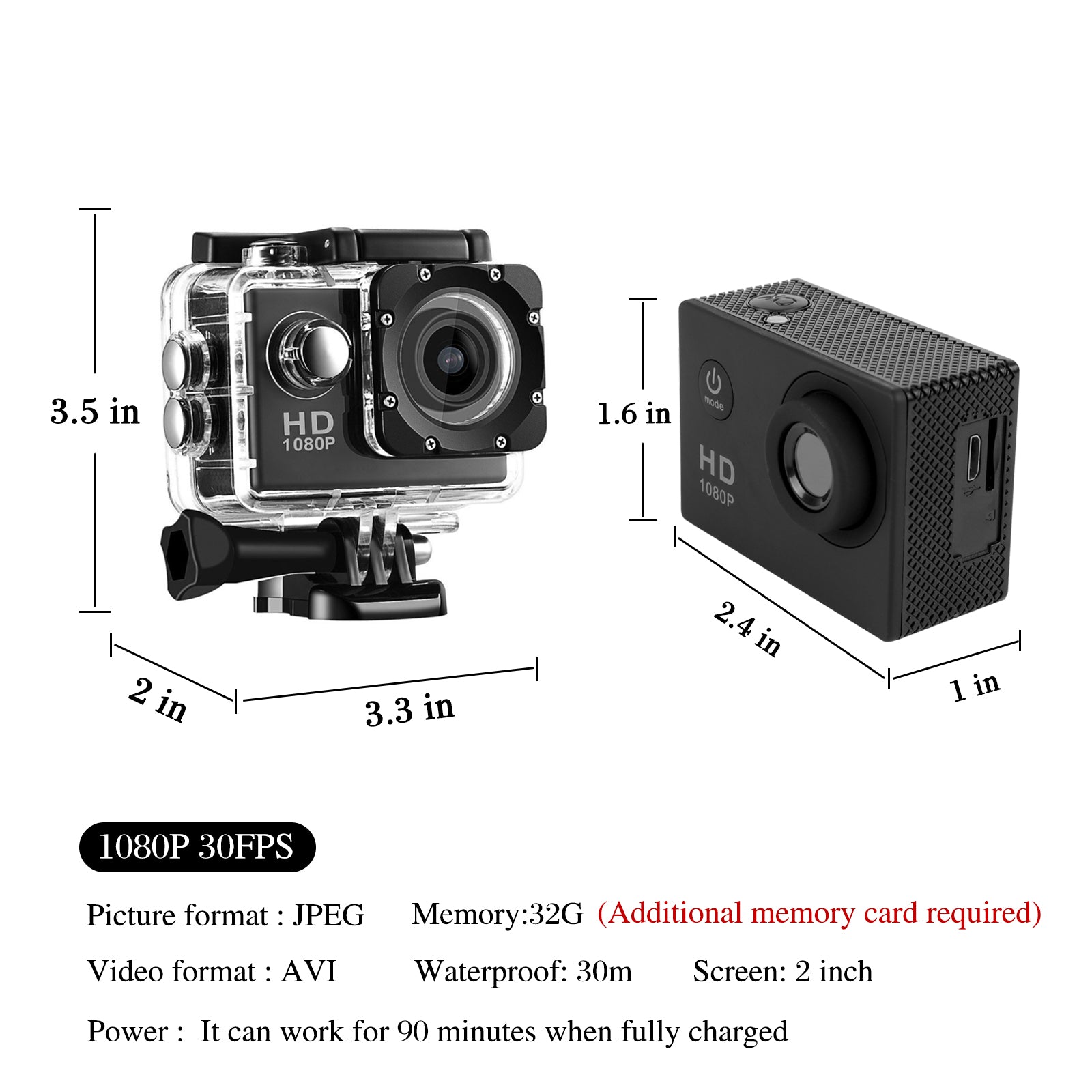 Action Camera 2X Zoom 170 Degree Wide Angle 98FT Waterproof