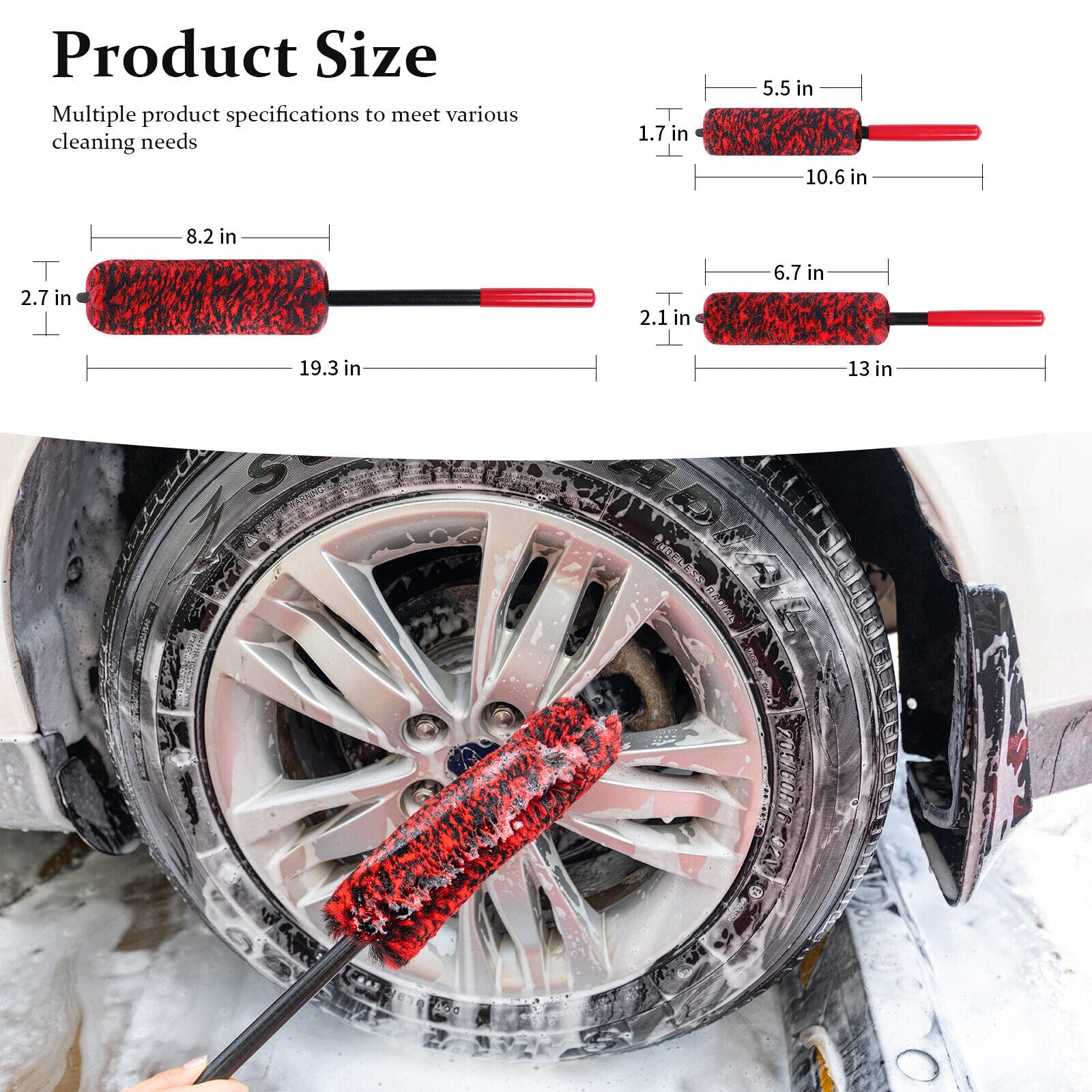 3Pcs Wheel Rim Brushes Tire Cleaning Soft Fiber 19" 13" 10"
