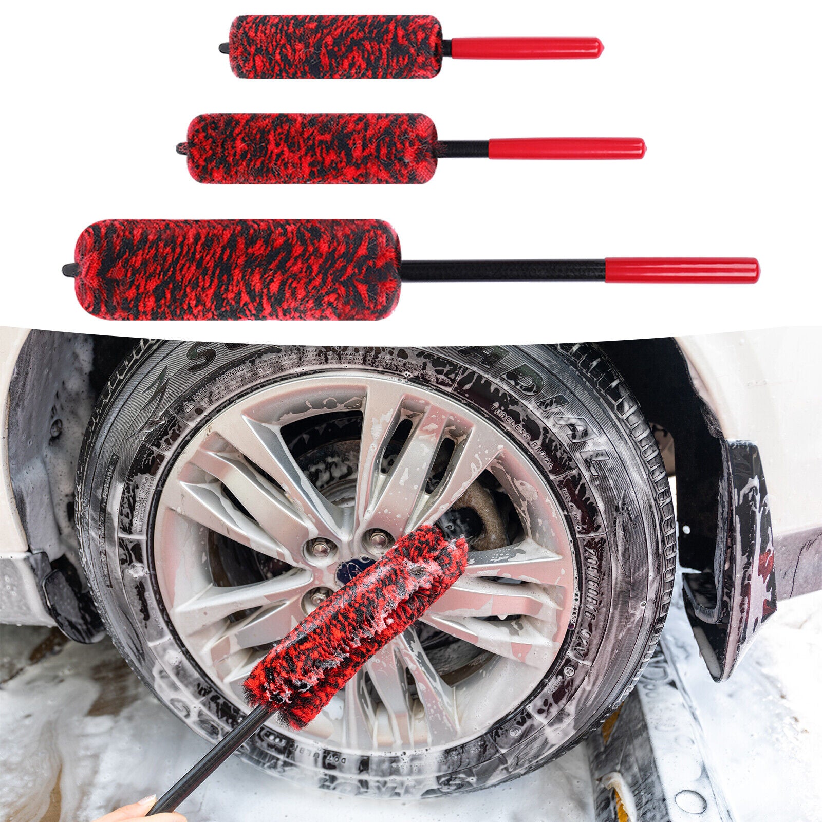 3Pcs Wheel Rim Brushes Tire Cleaning Soft Fiber 19" 13" 10"