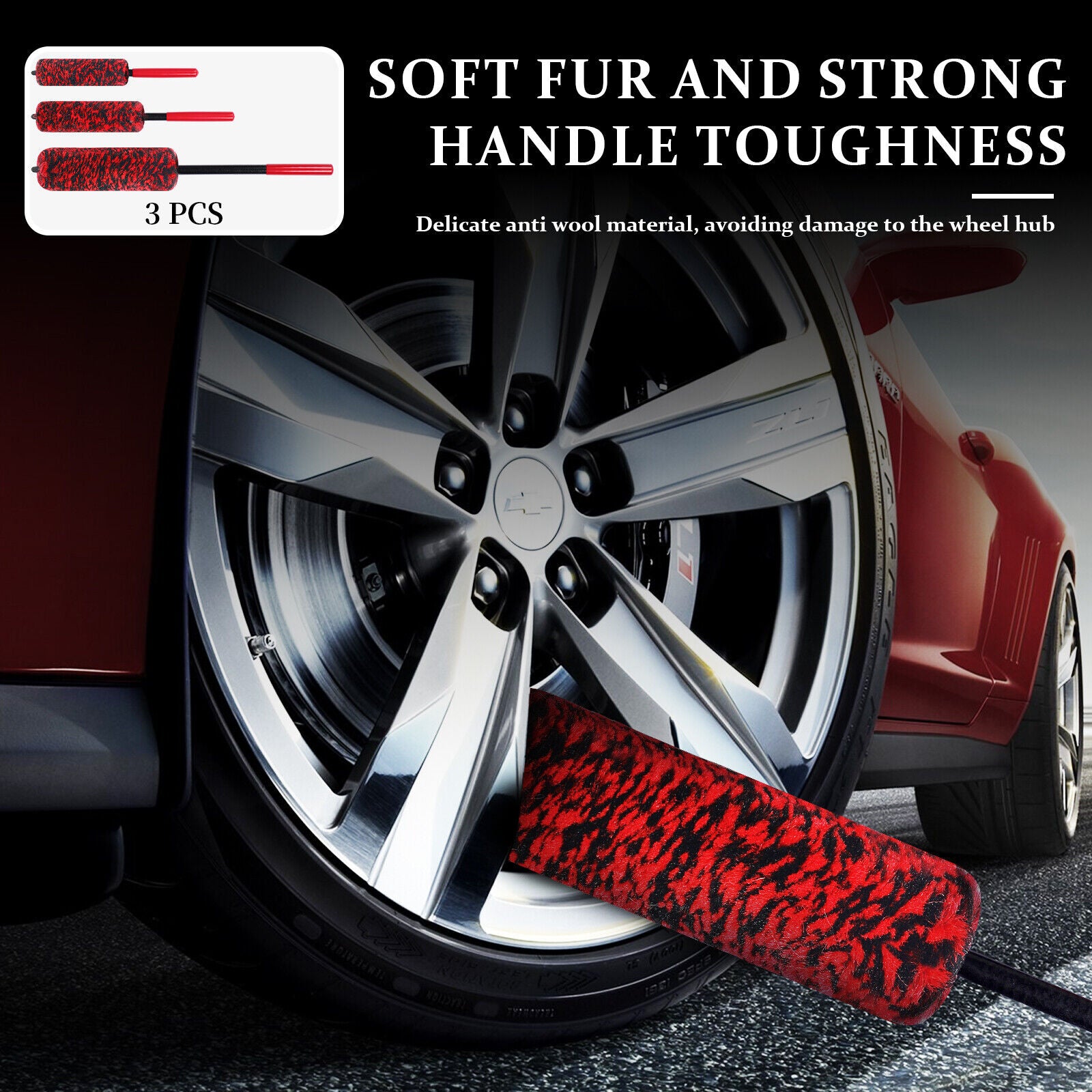 3Pcs Wheel Rim Brushes Tire Cleaning Soft Fiber 19" 13" 10"