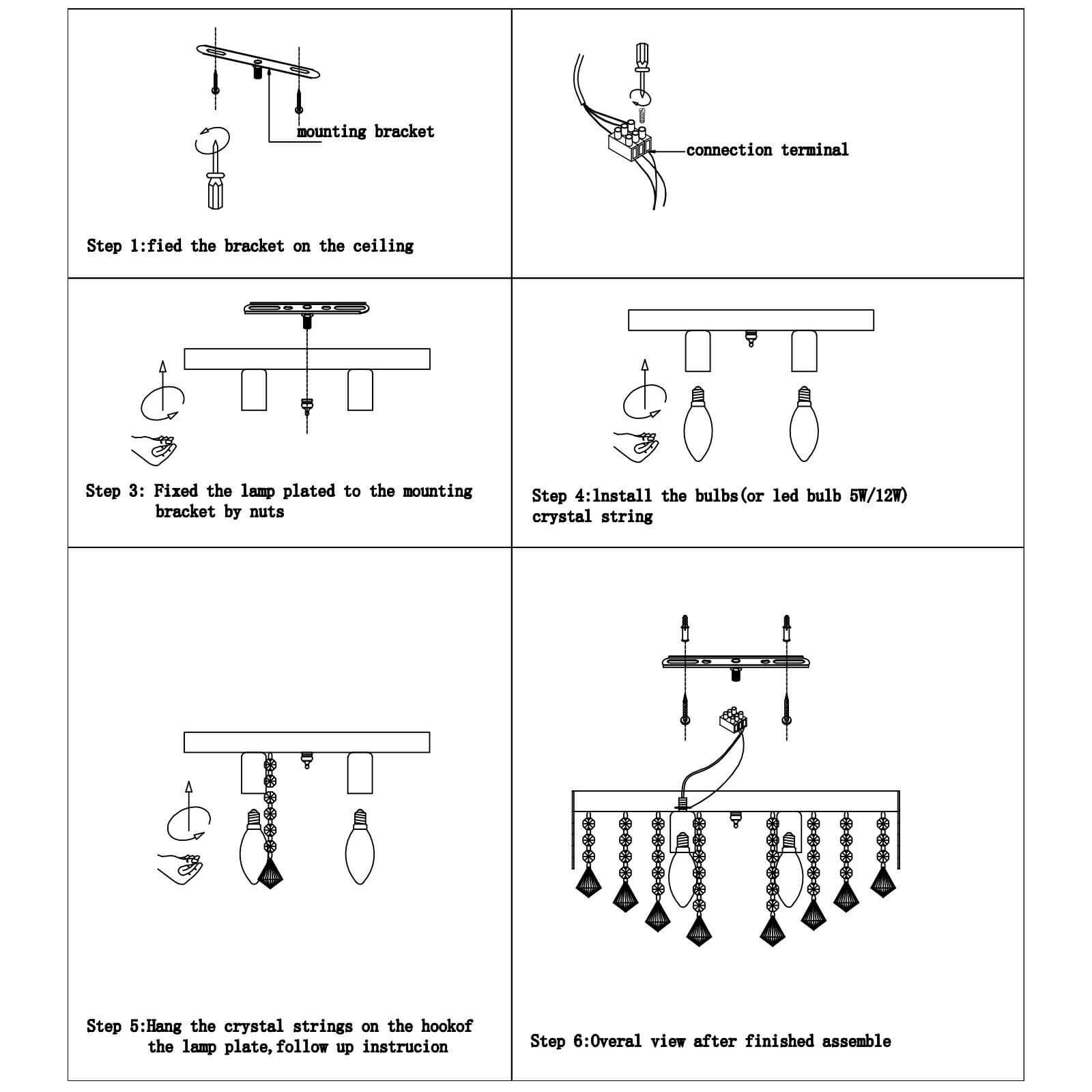 install steps of 15" 4-Light Modern Crystal Chandelier