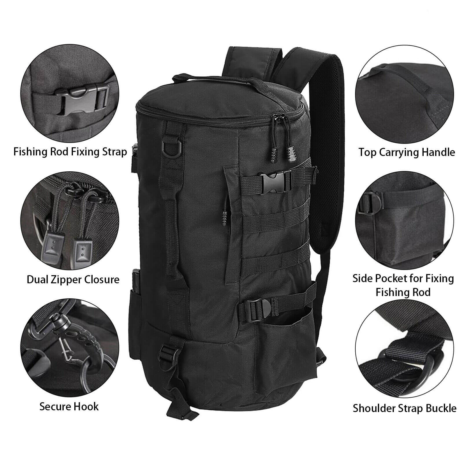 Black Fishing Backpack Features