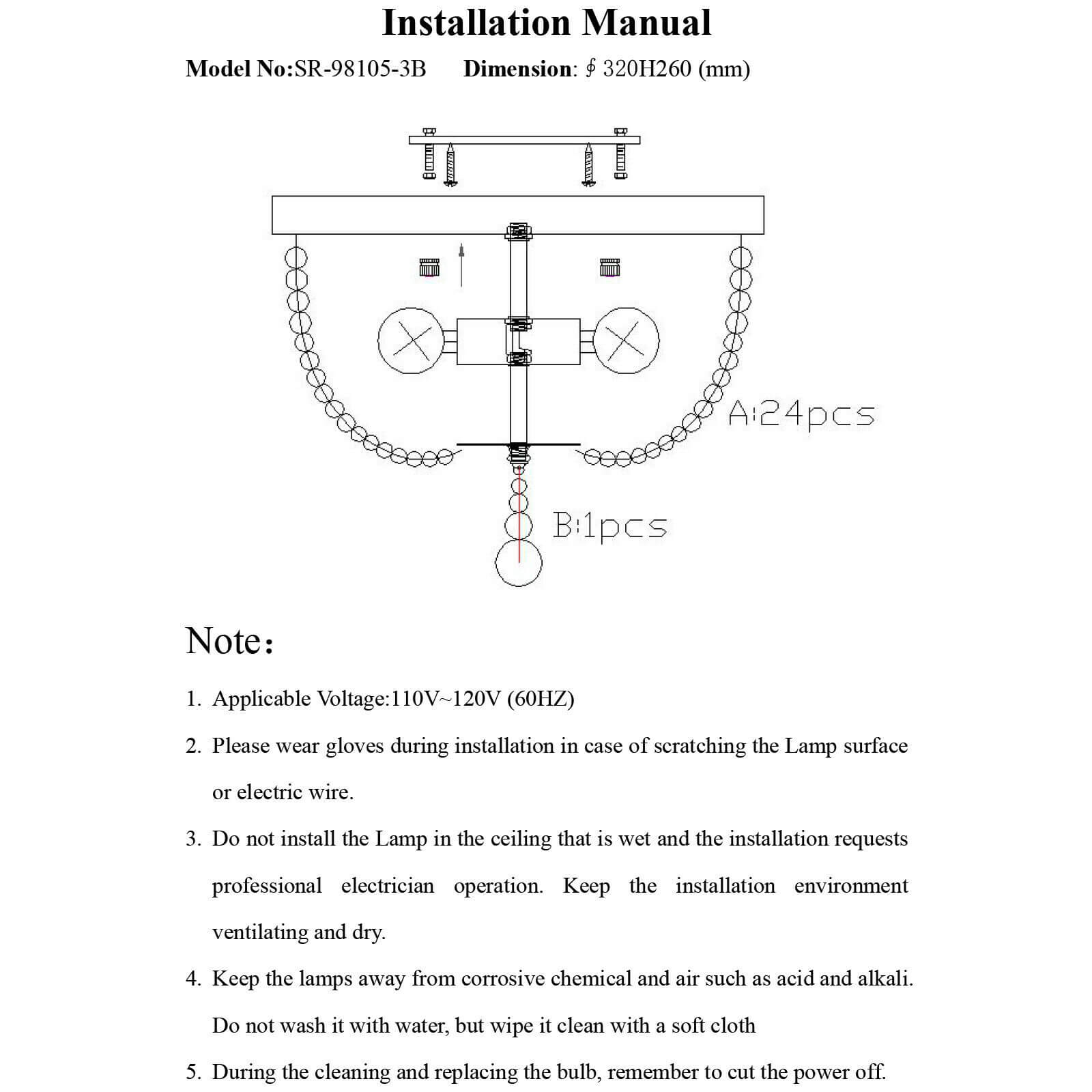 Install Steps of Durable 3-Light Wood Beaded Chandelier