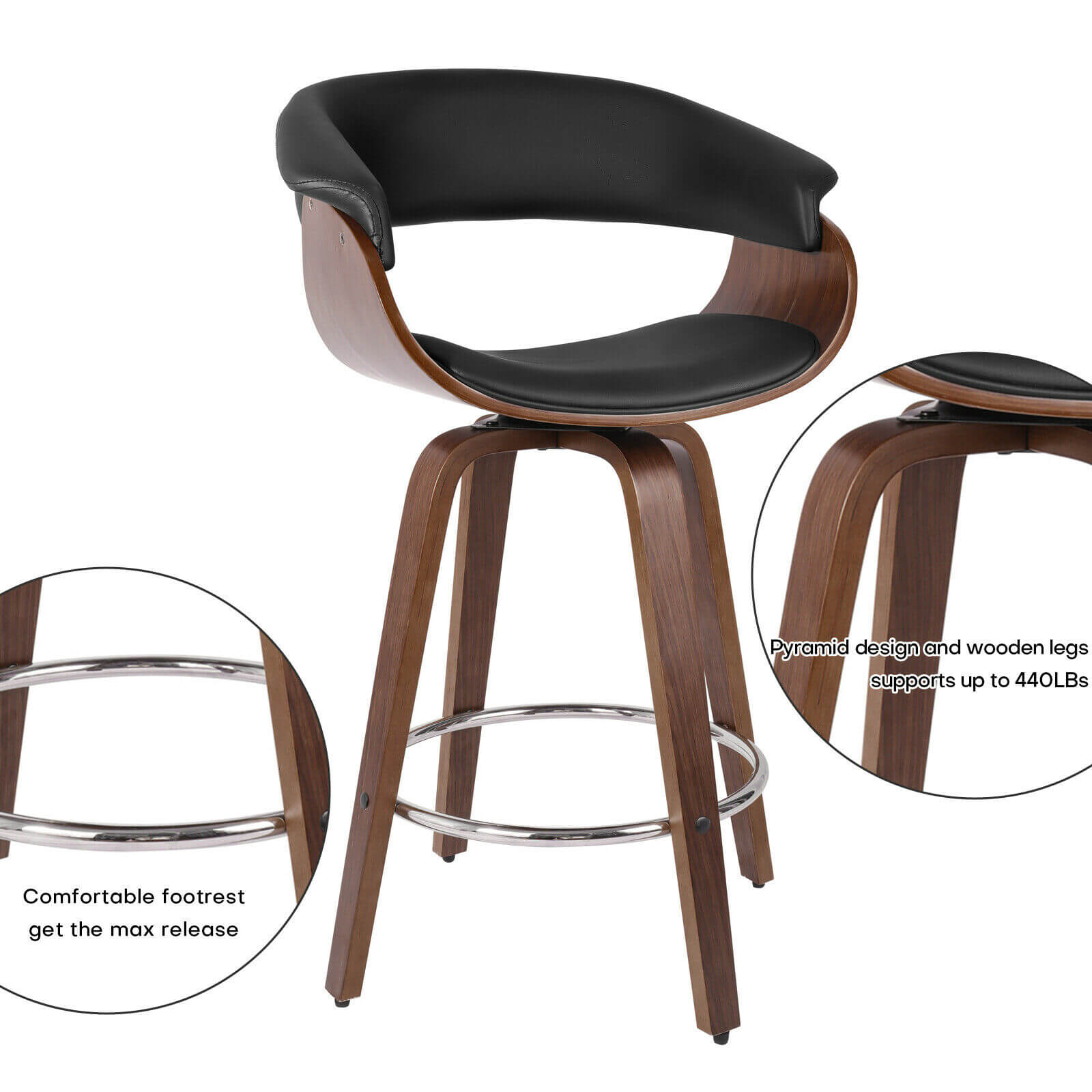 detail of 360° Wood Swivel Bar Stool