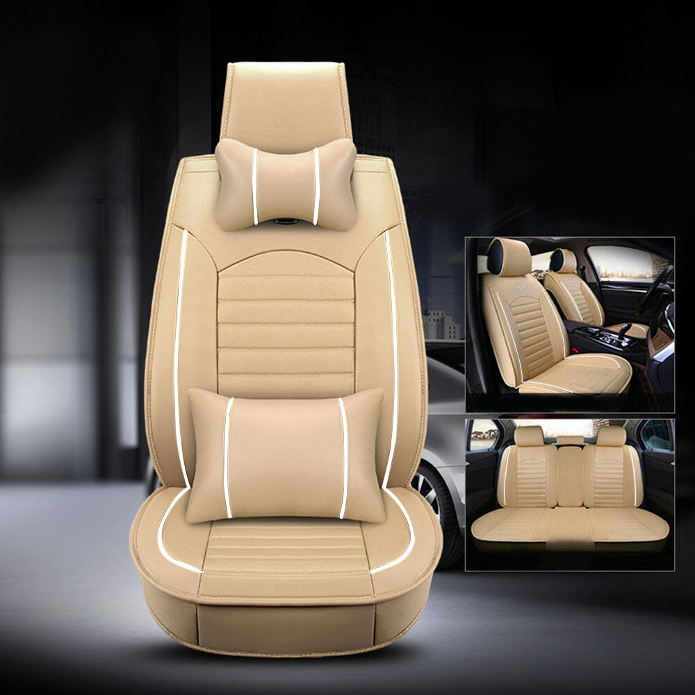 Beige 5-Seat Car Leather Seat Covers, 3D Stereo Version