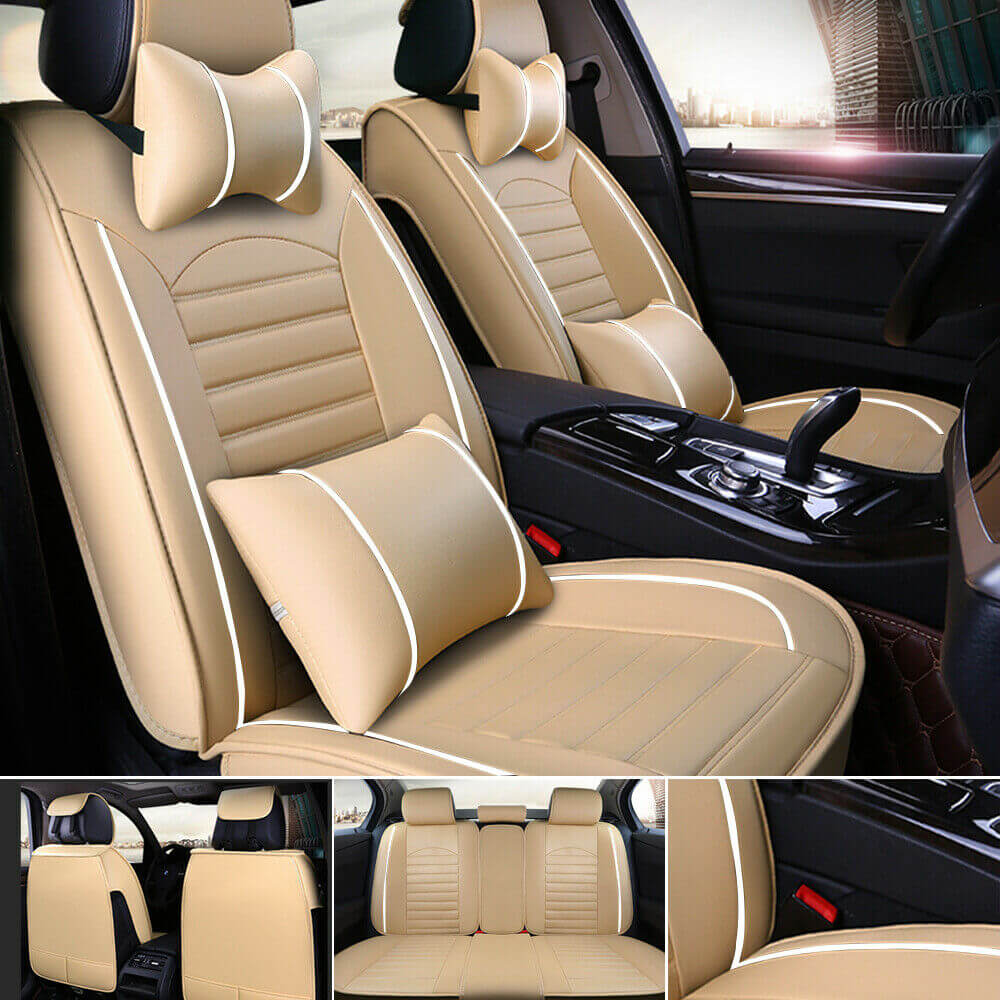 Beige and White 5-Seat Car Leather Seat Covers, 3D Stereo Version