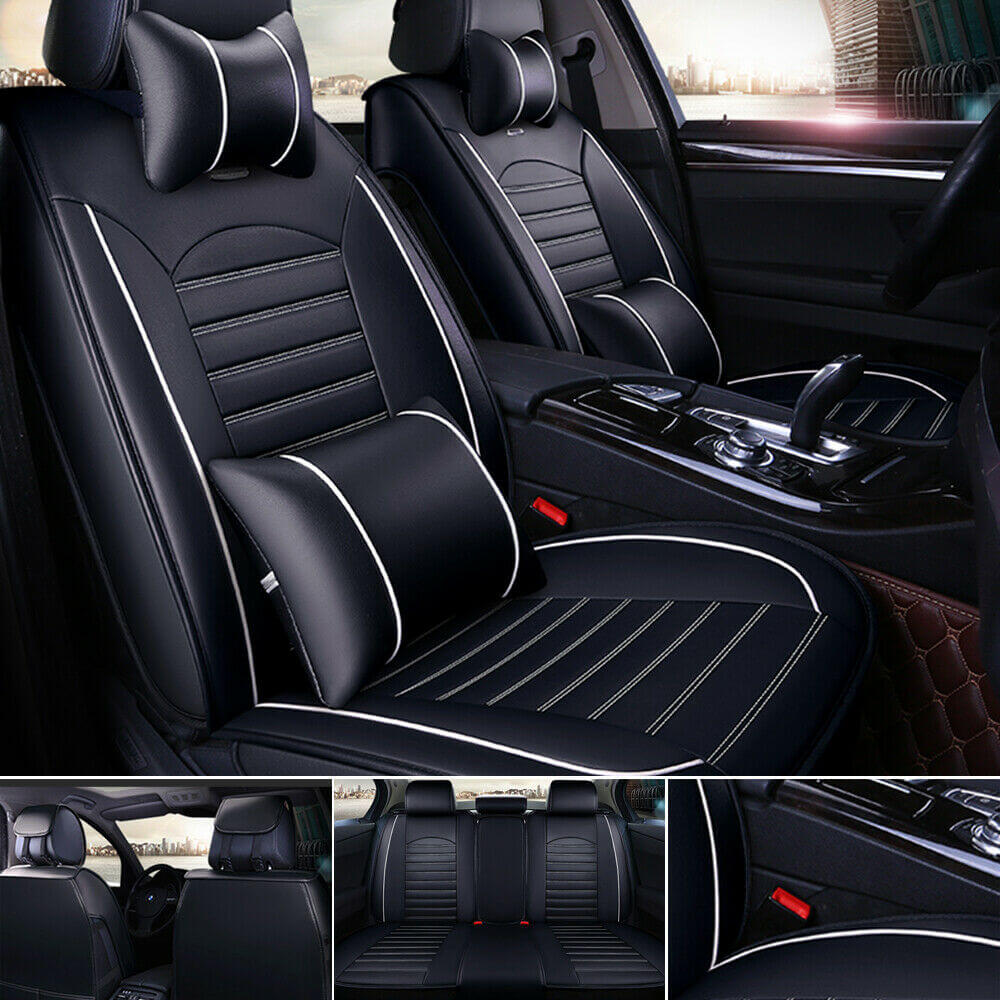 White and Black 5-Seat Car Leather Seat Covers, 3D Stereo Version