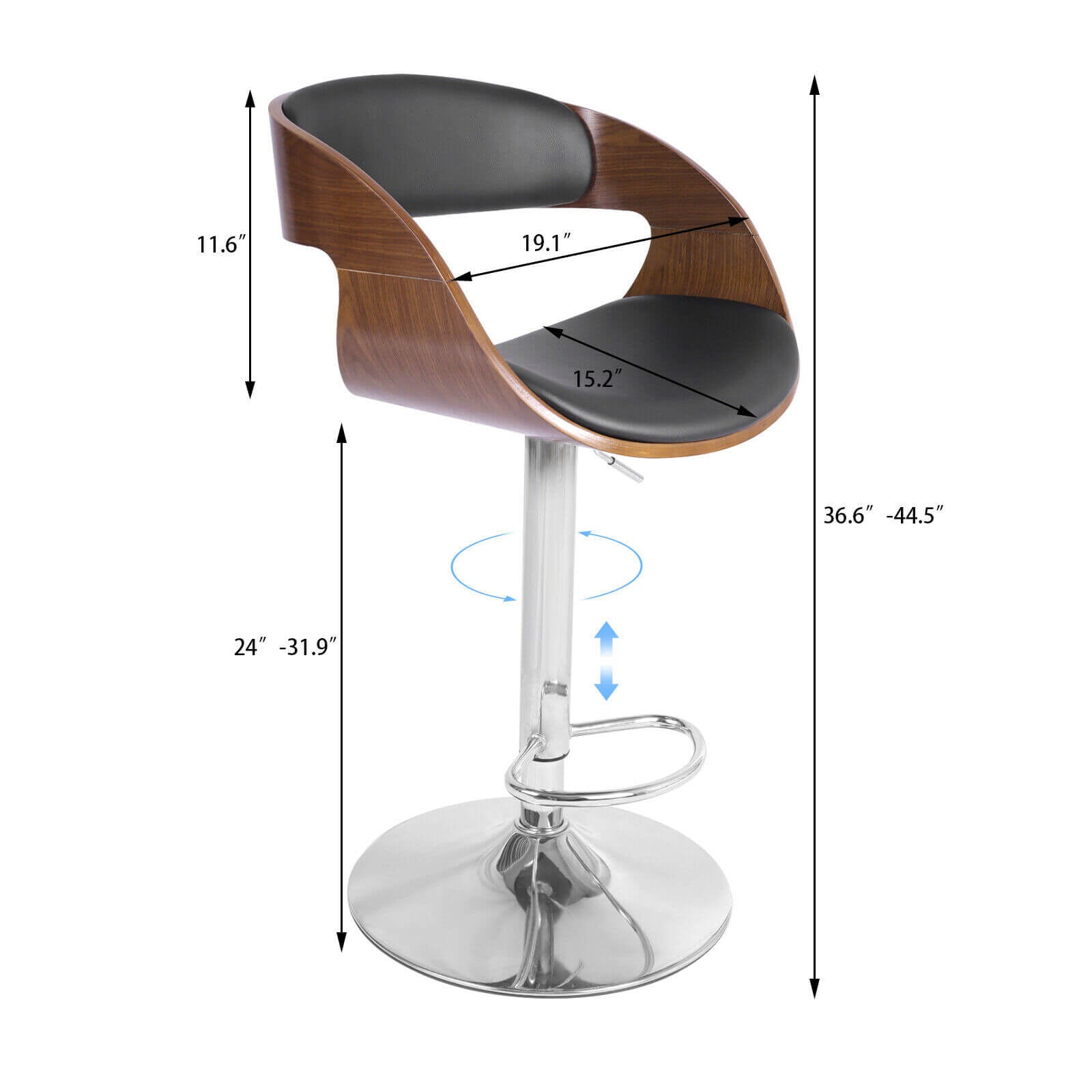 size of Adjustable 360° Wood Swivel Bar Stool