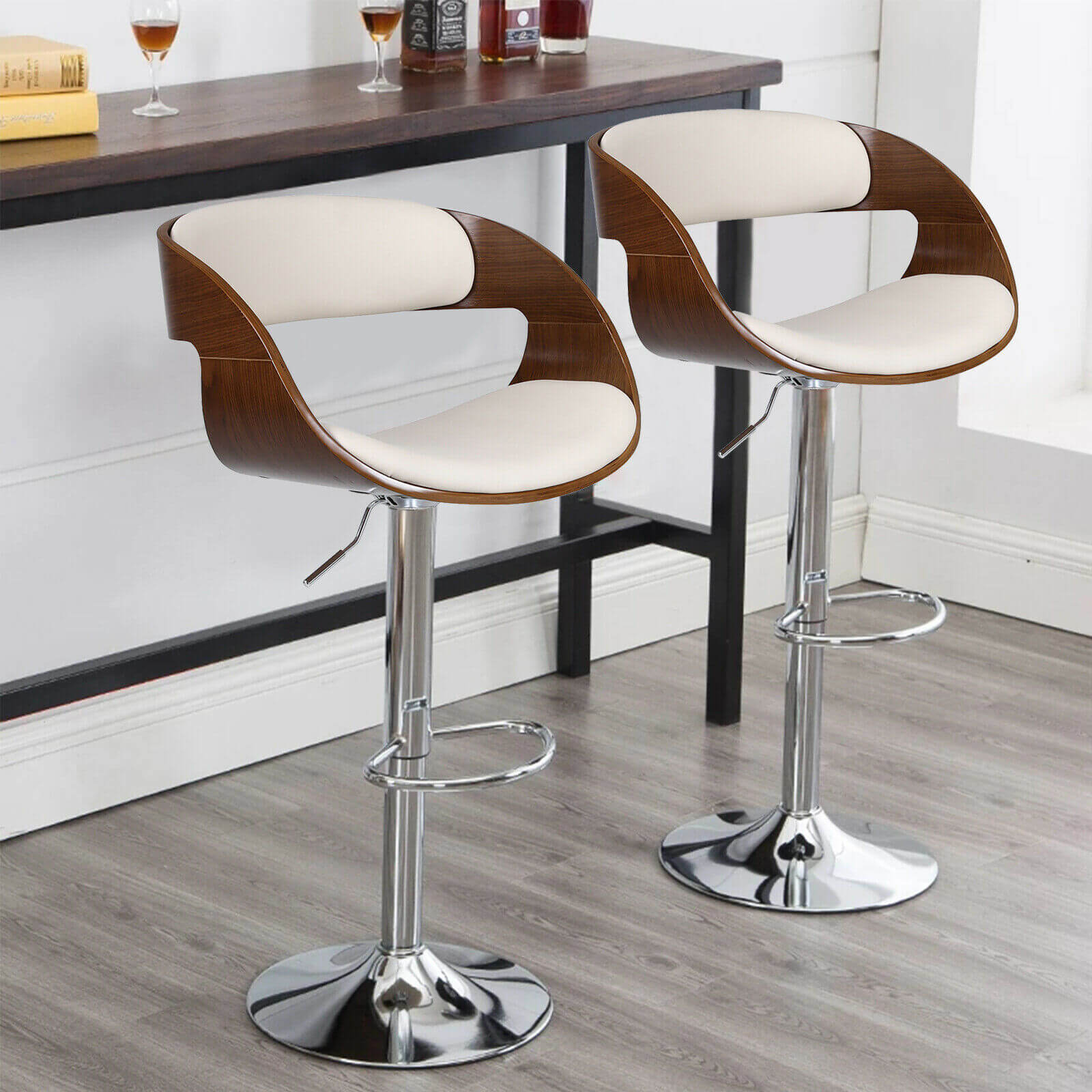 display of white Adjustable 360° Wood Swivel Bar Stool