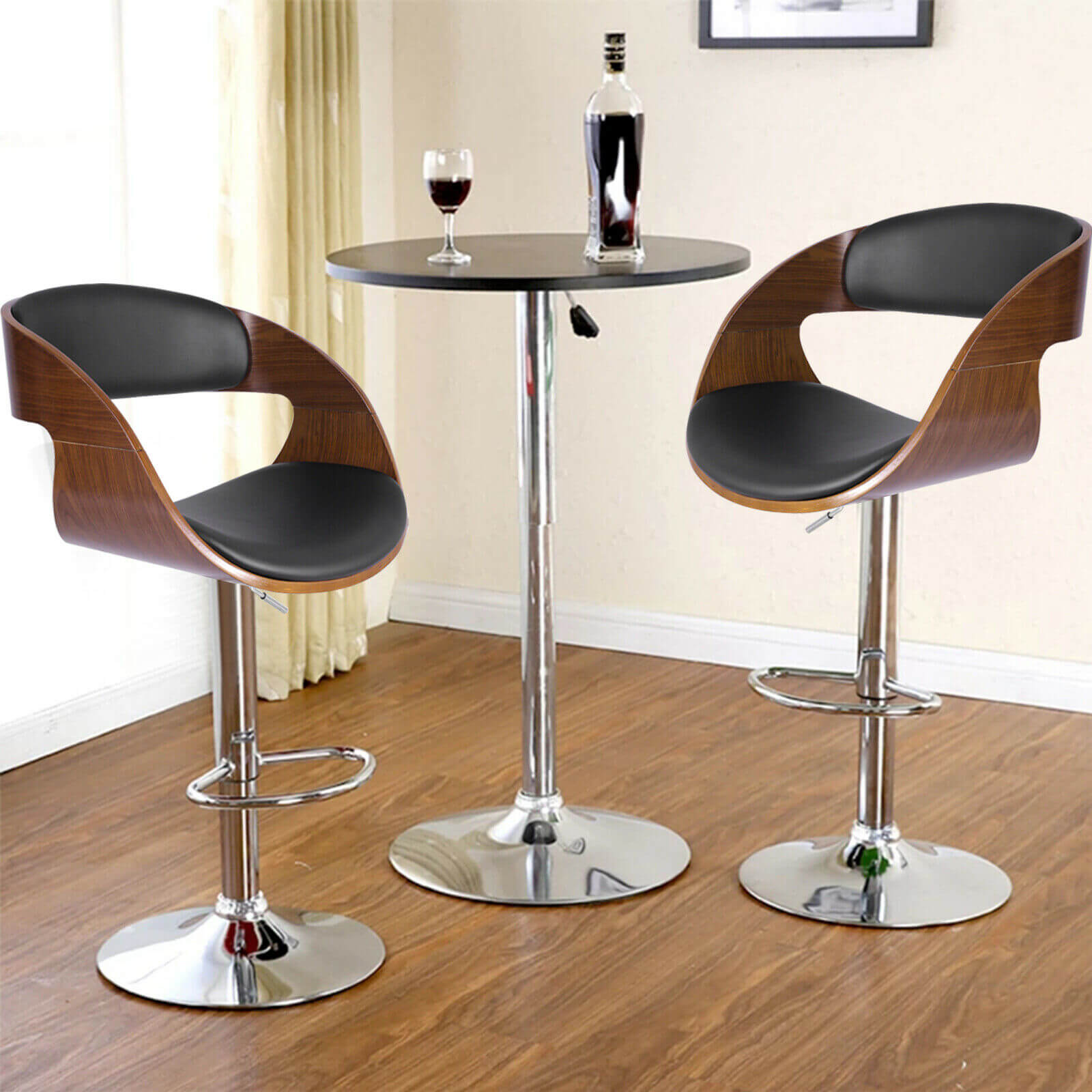 display of black Adjustable 360° Wood Swivel Bar Stool