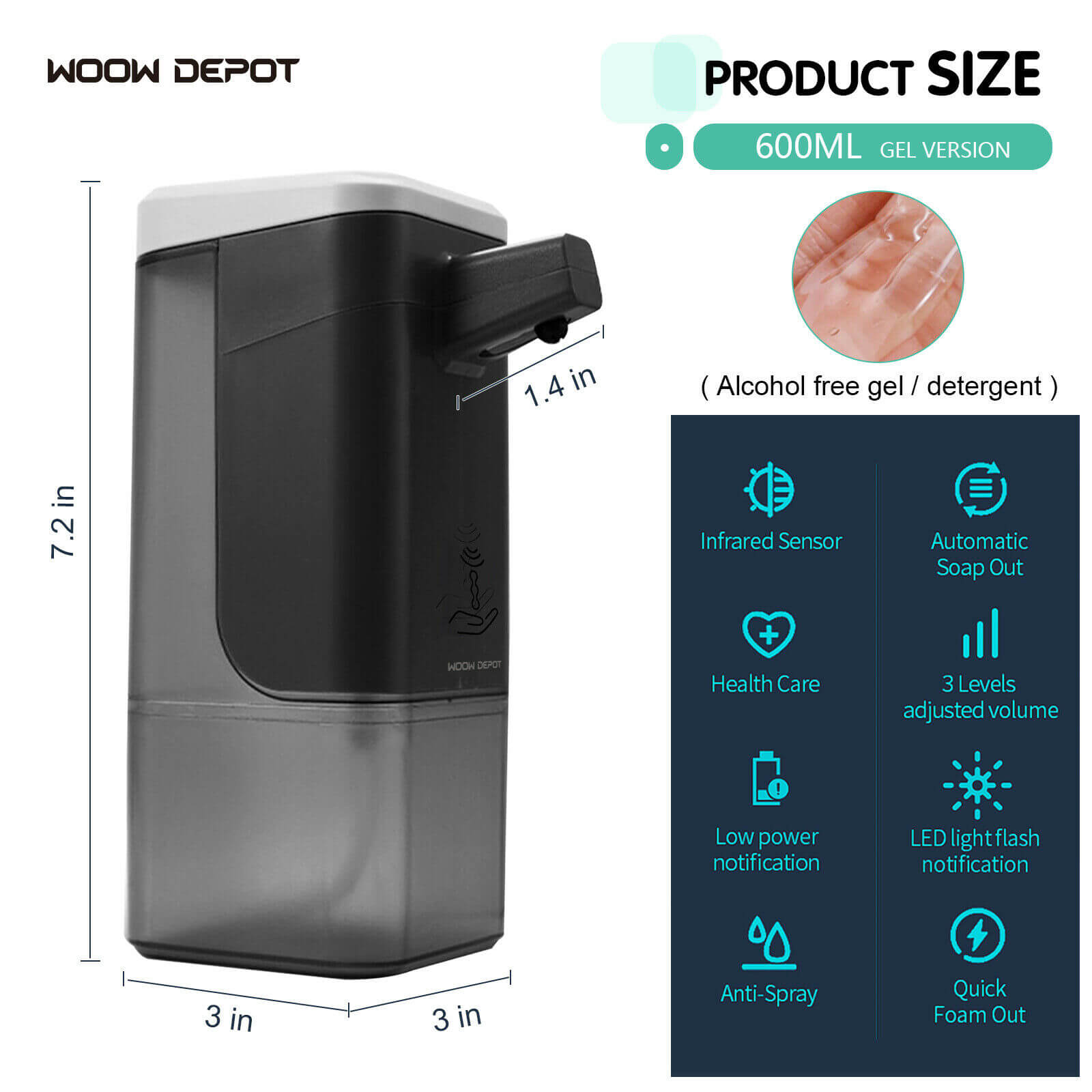 size of 600ml Automatic Gel Soap Dispenser