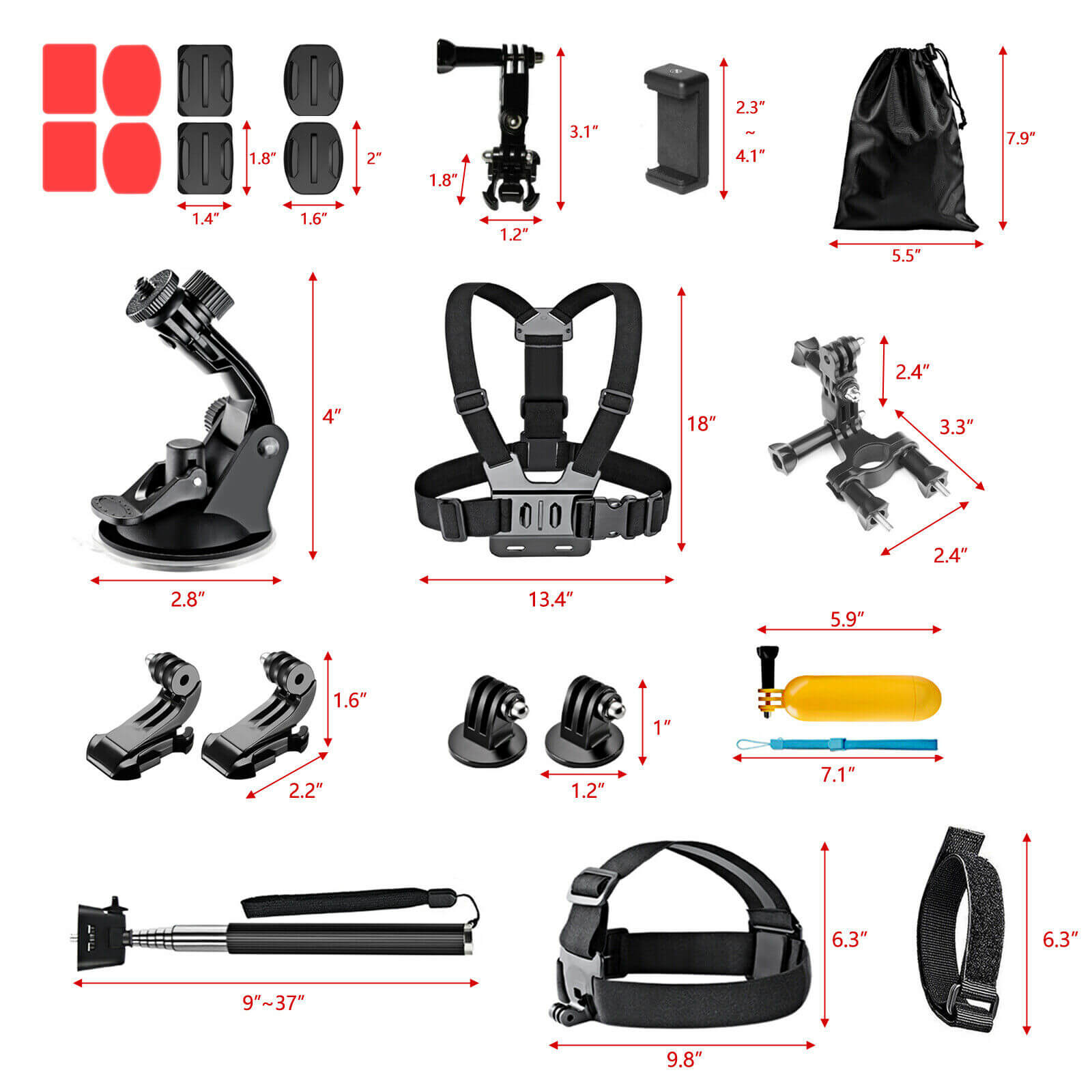 size of Camera Accessories Set for GoPro Max, 23pcs