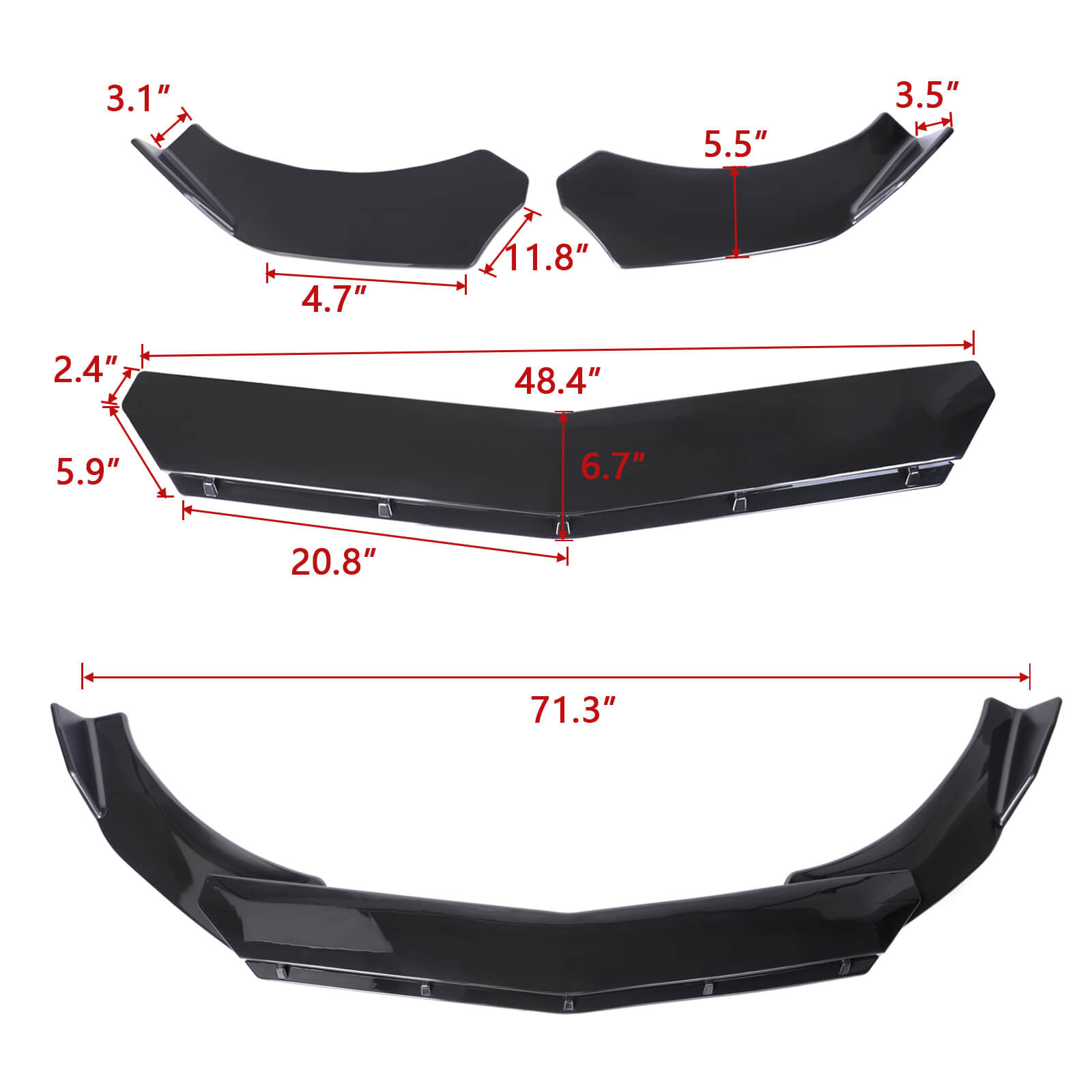 size of Car Front Bumper Lip Spoiler Kit