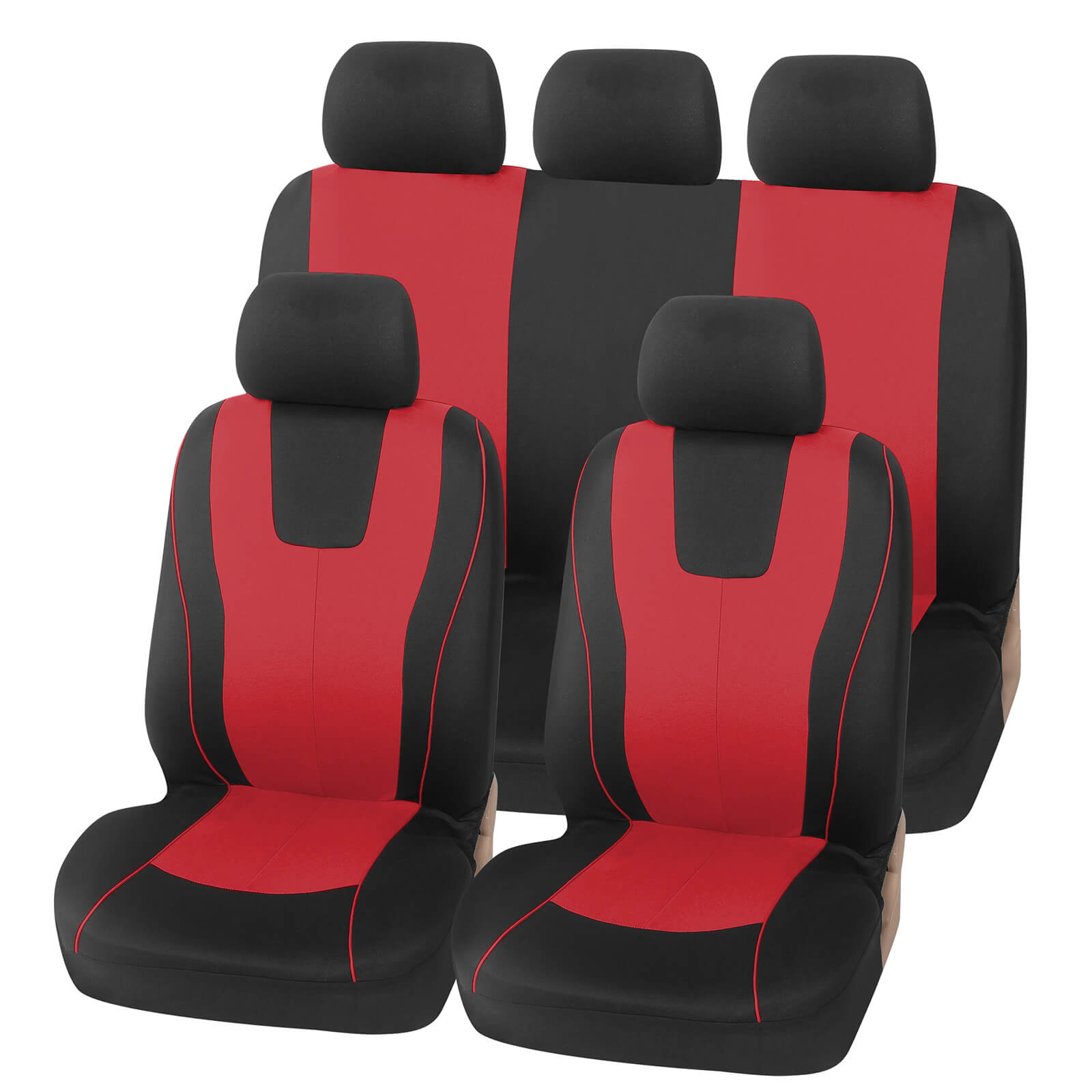 red 5 full set Cloth Seat Covers, 2 Front / 5 Seat
