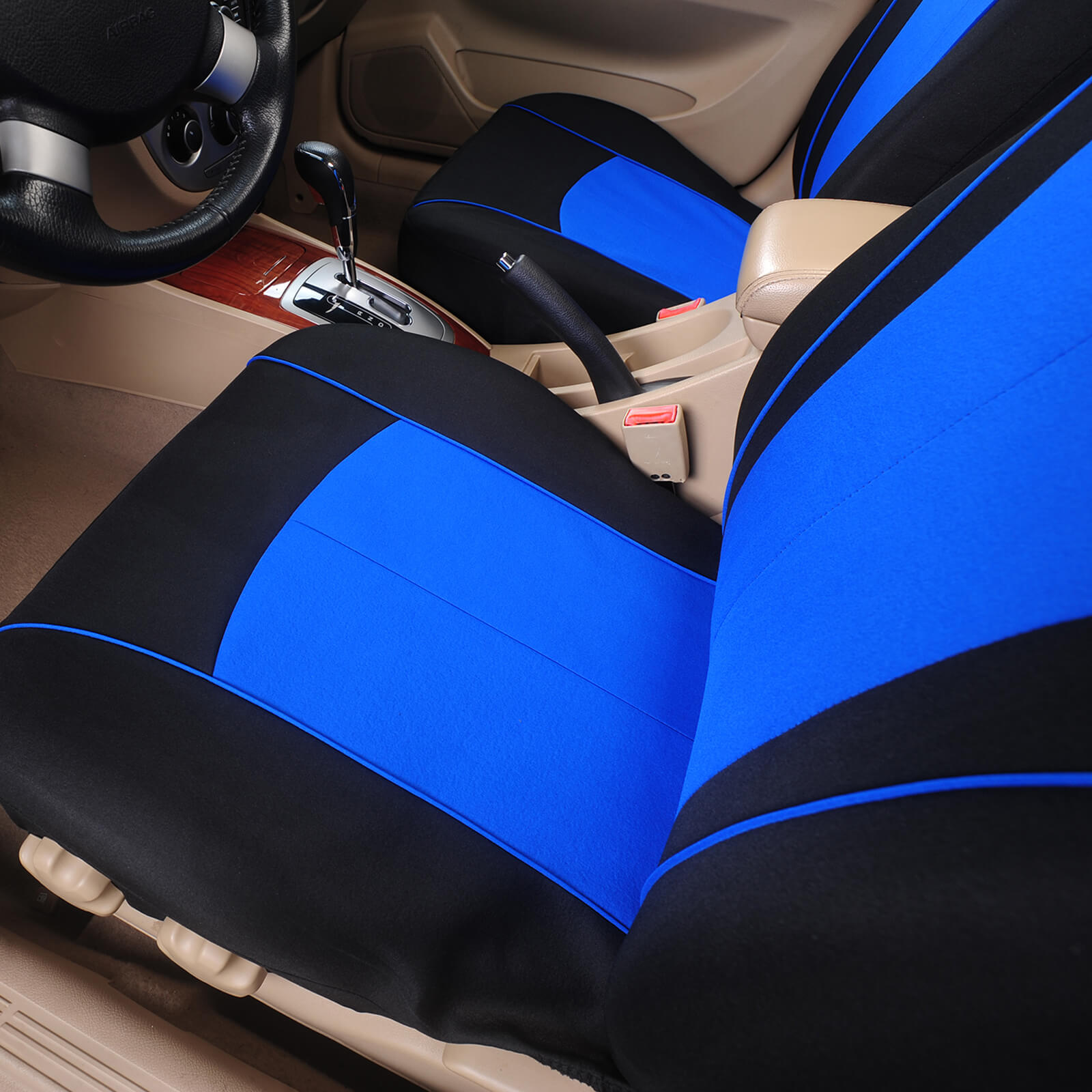 blue display of Cloth Seat Covers, 2 Front / 5 Seat