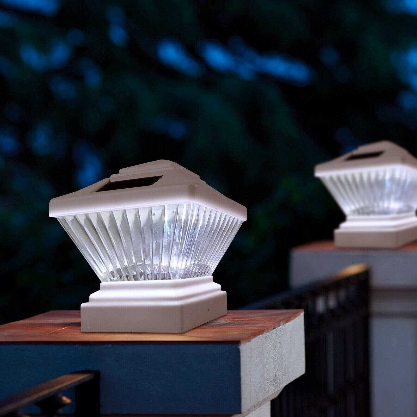 night display of Waterproof White LED Solar Post Lamps, 2/4/6 Pack