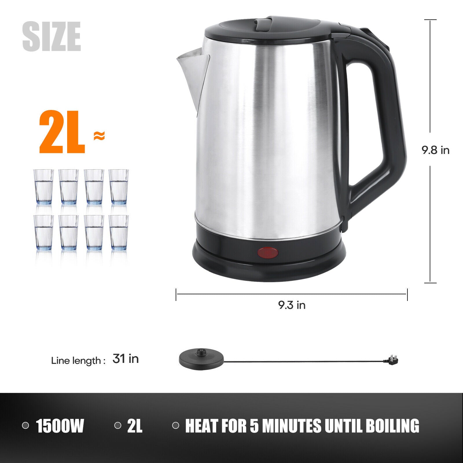 size of Stainless Steel Electric Kettle Water Boiler