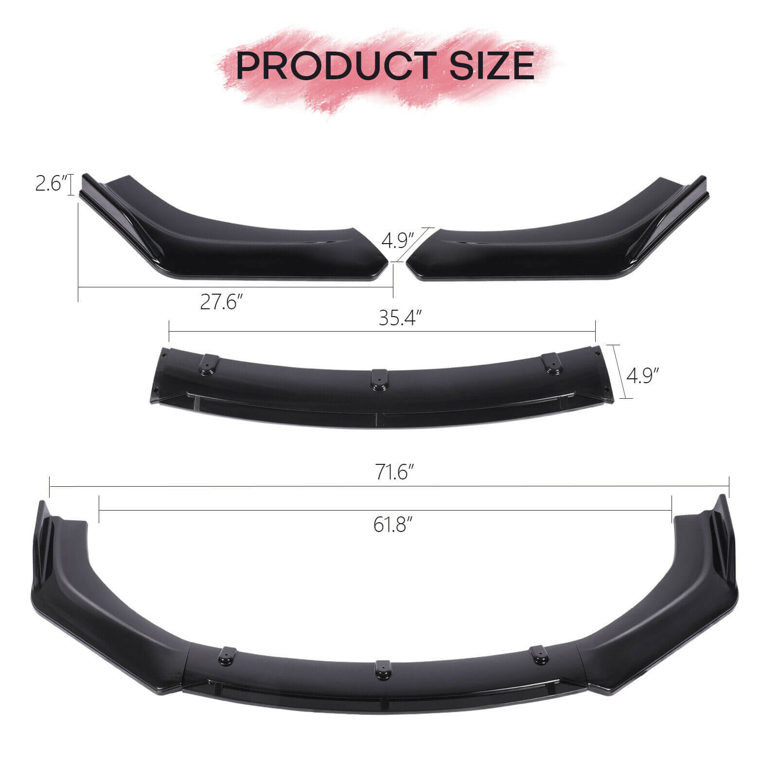 Size of 72" Universal Car Front Bumper Lip, 3 Pcs