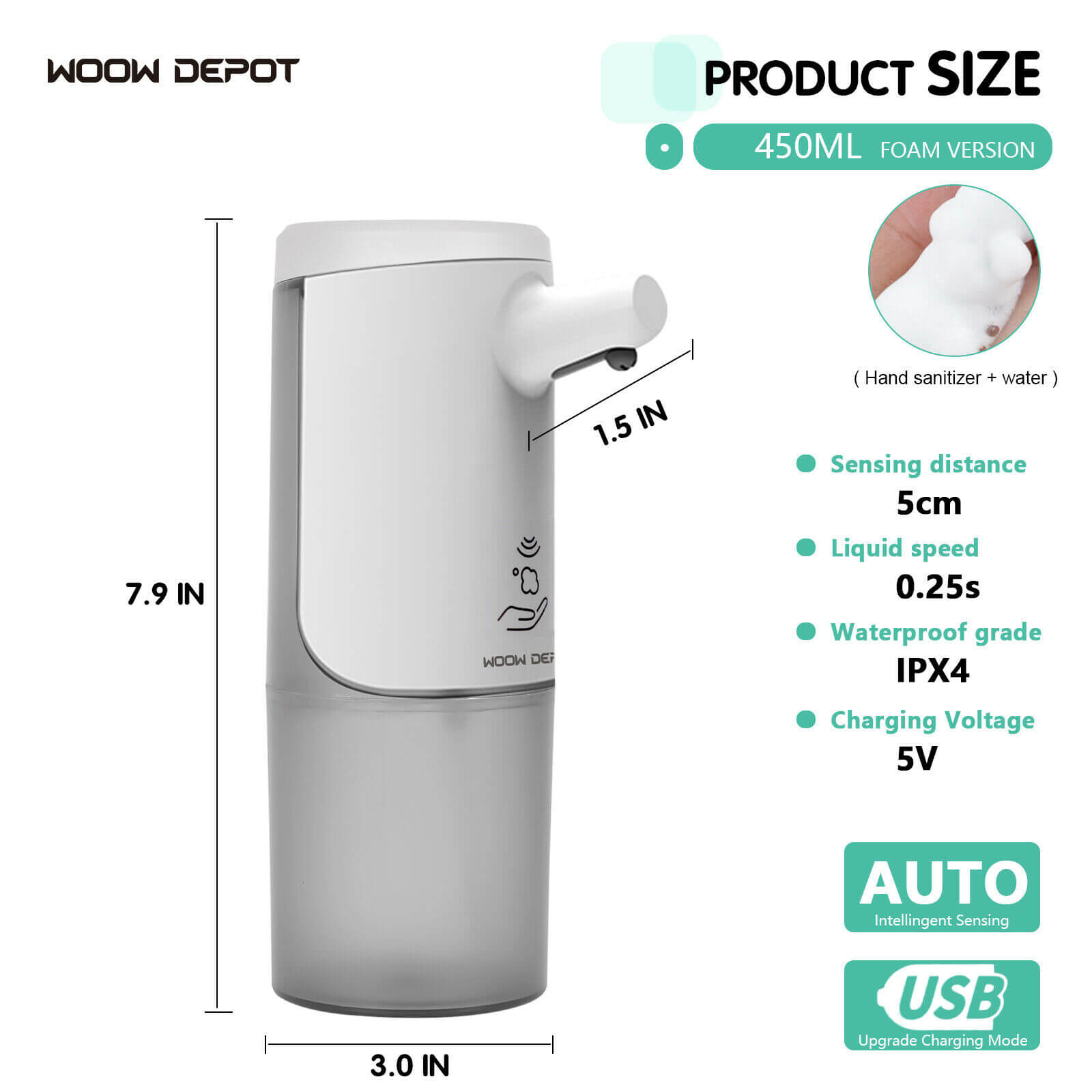 size of Waterproof Automatic Foam Soap Dispenser