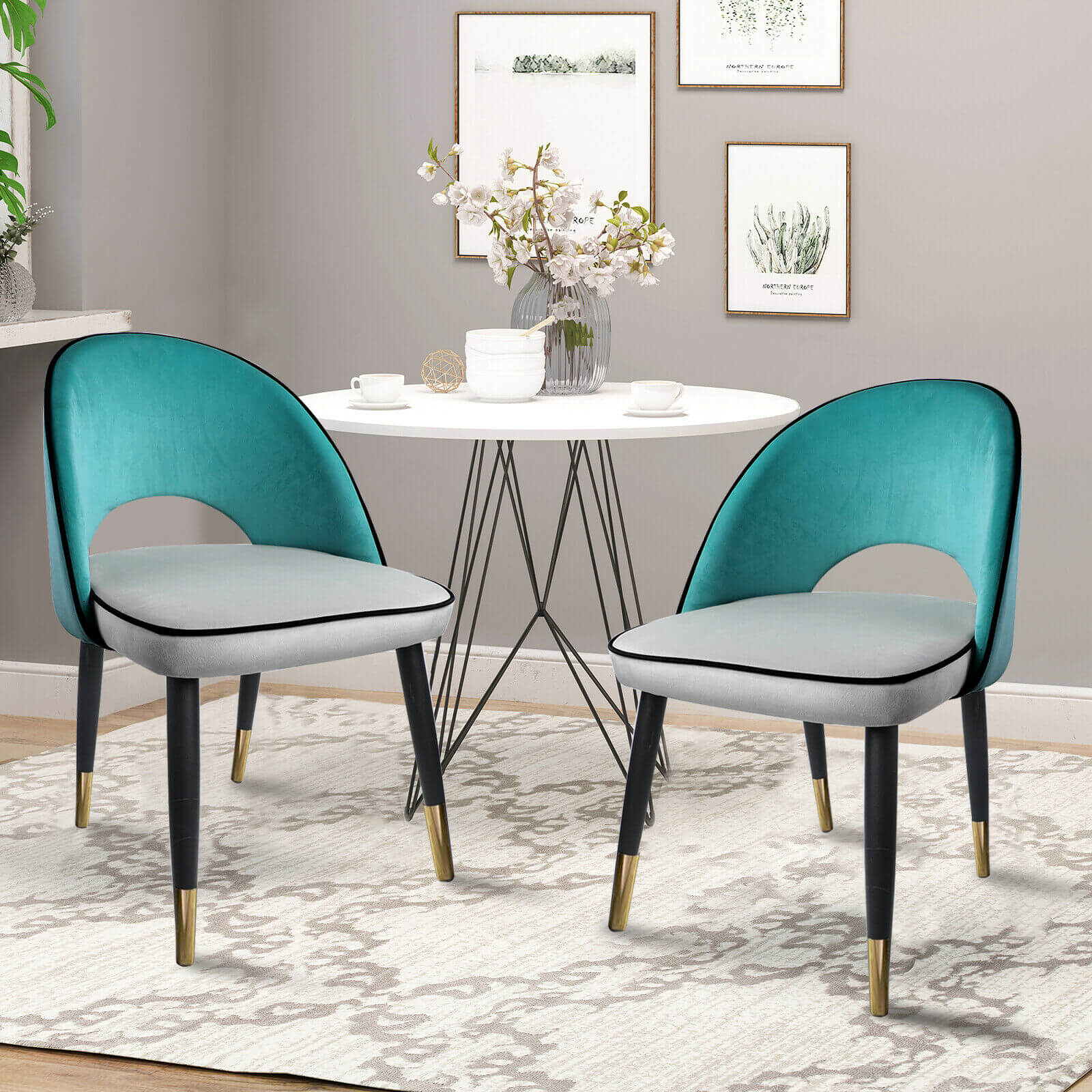 Teal/Gray Velvet Upholstered Dining Chairs